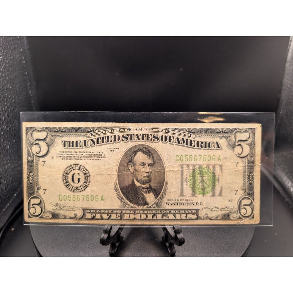 Series 1934 $5 Federal Reserve Note Lime Green Seal G05567506A
